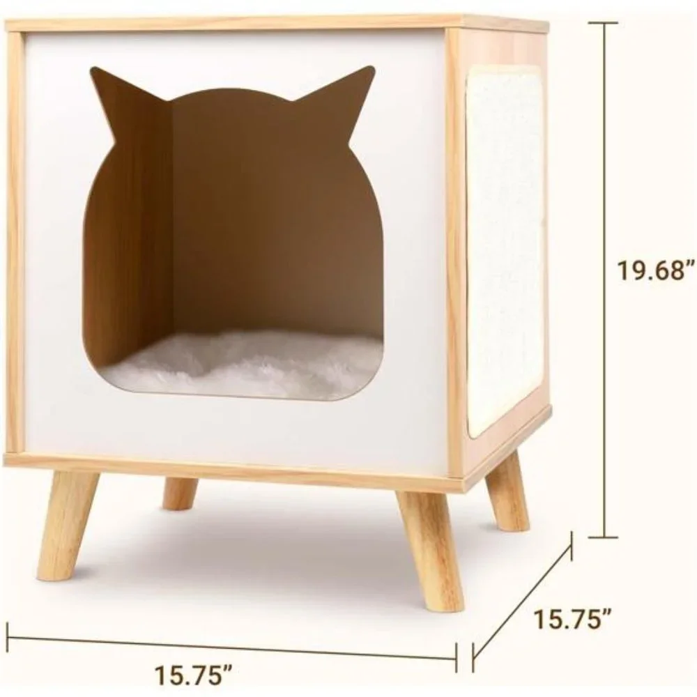 Wooden Cat House, Cat Condo Wood Kitten Hidden Cave TV Cat Bed with Cushion